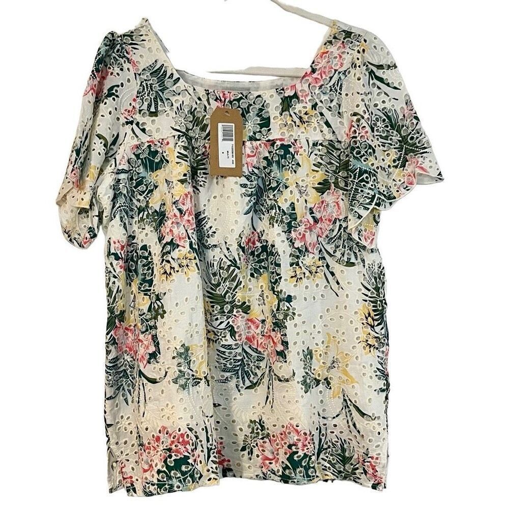NWT Tru Luxe Jeans Multicolor Floral Eyelets Short Sleeve Blouse Medium